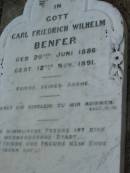 Carl Friedrich Wilhelm BENFER
b: 20 Jun 1886, d: 12 Nov 1891
Mt Cotton Gramzow Cornubia Carbrook Lutheran Cemetery, Logan City