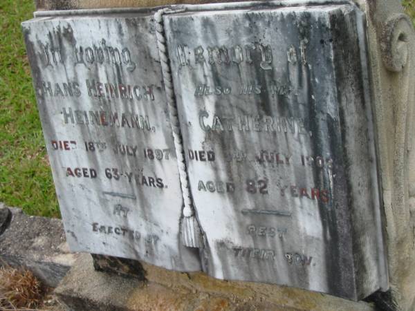 Hans Heinrich HEINEMANN  | 18 Jul 1897, aged 63  | (wife) Catherine  | 3 Jul 1908, aged 82  | Mt Cotton / Gramzow / Cornubia / Carbrook Lutheran Cemetery, Logan City  |   | 