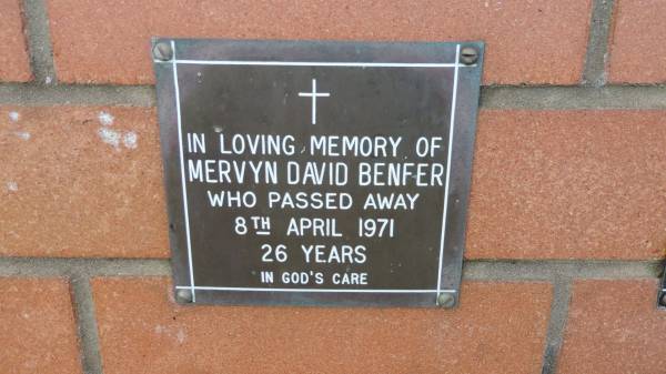 Mervyn David Benfer  | d: 8 Apr 1971, aged 26  | Mount Cotton St Pauls Lutheran Columbarium wall  |   | 