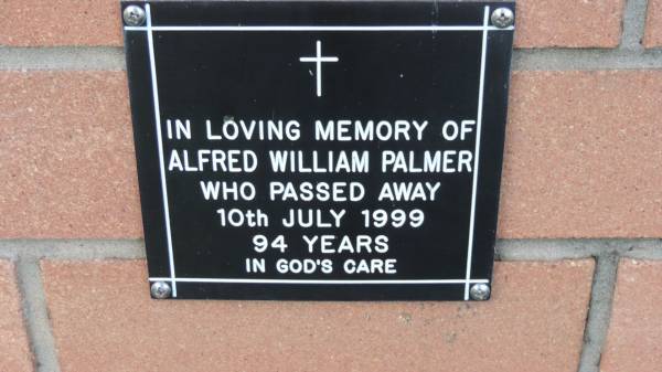 Alfred William Palmer  | d: 10 Jul 1999, aged 94  |   | Mount Cotton St Pauls Lutheran Columbarium wall  |   | 