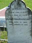 F W MARSCHKE
b: 8 Jan 1844, d: 30 Nov 1908
Albertiena MARSCHKE
b: 16 Apr 1845
d: 25 Jan 1933
Mount Beppo Apostolic Church Cemetery