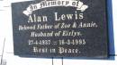 Alan LEWIS
B: 27 Apr 1937
D: 16 Mar 1995
wife: Eirlys
children: Zoe and Annie
Mulgildie Cemetery, North Burnett Region