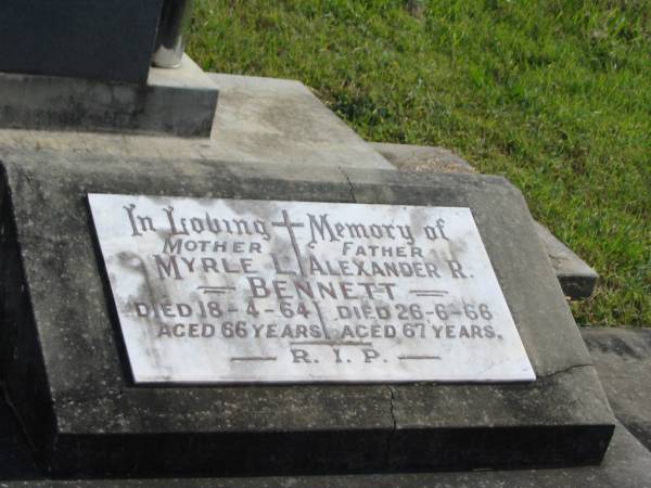 Myrle L. BENNETT,  | mother,  | died 18-4-64 aged 66 years;  | Alexander R. BENNETT,  | father,  | died 26-6-66 aged 67 years;  | Murwillumbah Catholic Cemetery, New South Wales  | 