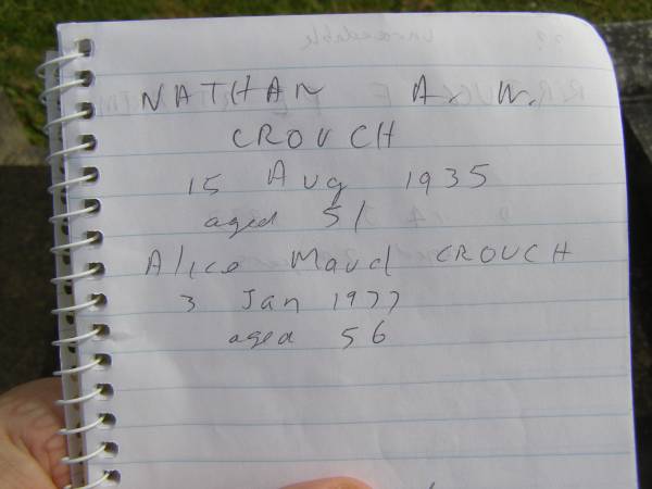 Nathan E.W. CROUCH,  | died 15 Aug 1935 aged 51 years;  | Alice Maud CROUCH,  | died 3 Jan 1977 aged 56 years;  | Murwillumbah Catholic Cemetery, New South Wales  | 