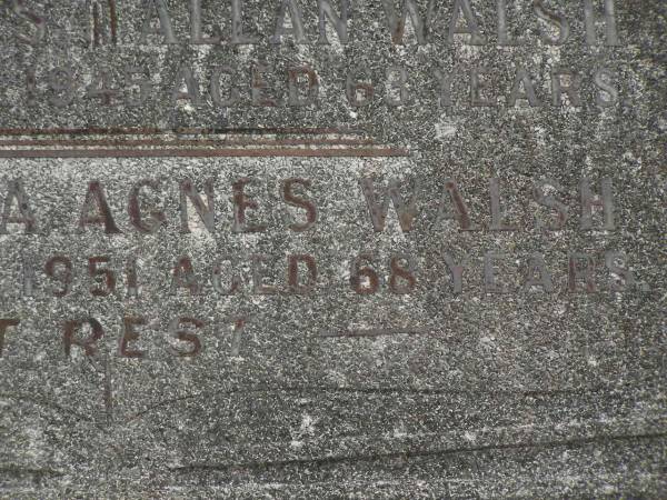 Francis Allan WALSH,  | died 11 Nov 1945 aged 63 years;  | Louisa Agnes WALSH,  | died 23 June 1951 aged 68 years;  | Murwillumbah Catholic Cemetery, New South Wales  | 