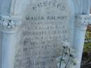 erected by Maria SOLWAY in memory of husband
William SOLWAY
30 May 1877
aged 67
Also his wife
Maria
11 Jun 1886
aged 76 yrs
Mutdapilly general cemetery, Boonah Shire