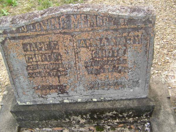 James CURTIS,  | died 22 Nov 1924 aged 52 years;  | Anna Mary CURTIS,  | died 18 Apr 192 aged 68 years;  | Nikenbah Aalborg Danish Cemetery, Hervey Bay  | 