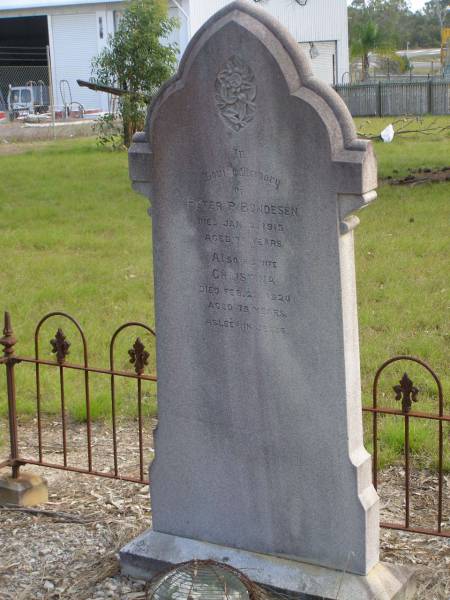 Peter P. BUNDESEN,  | died 9 Jan 1915 aged 74 years;  | Christina,  | died 29 Feb 1920 aged 75 years,  | wife;  | Nikenbah Aalborg Danish Cemetery, Hervey Bay  | 