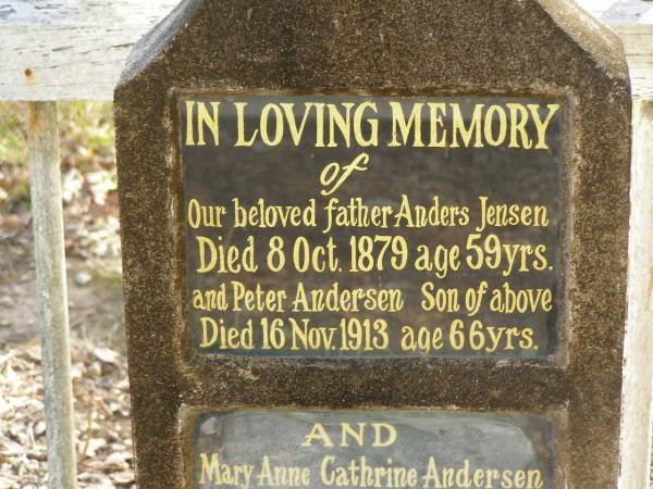 Anders JENSEN,  | died 8 Oct 1879 aged 59 years,  | father;  | Peter ANDERSEN,  | died 16 Nov 1913 aged 66 years,  | son;  | Mary Anne Cathrine ANDERSEN,  | died 25 June 1882 aged 3 months;  | Niels Johannes ANDERSEN,  | died 7 Feb 1888 aged 8 months;  | grandchildren of above;  | Nikenbah Aalborg Danish Cemetery, Hervey Bay  | 