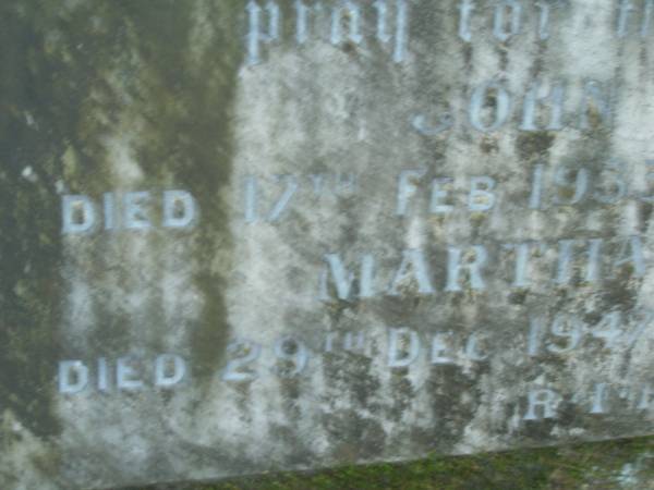 John RYAN,  | died 17 Feb 1933 aged 83 years;  | Martha RYAN,  | died 29 Dec 1937 aged 87 years;  | North Tumbulgum cemetery, New South Wales  | 