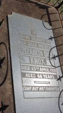 Elizabeth Dick KNOX
d: 25 Apr 1928 aged 68
Peak Downs Memorial Cemetery Capella Cemetery