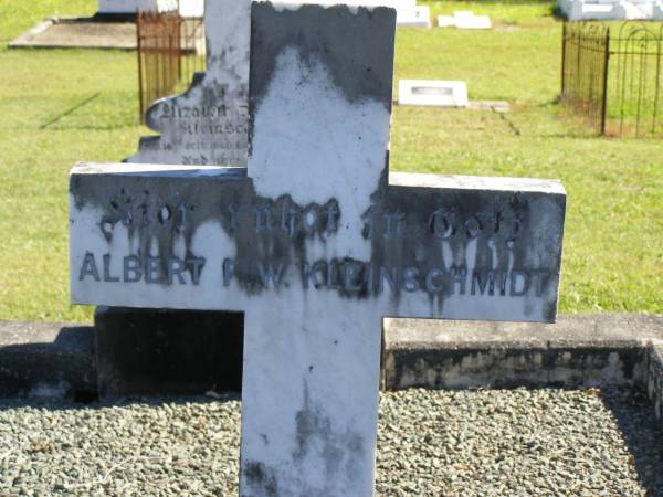 Albert F.W. KLEINSCHMIDT,  | born 8 April 1885,  | died 12 APril 1893;  | Gustav T.F. KLEINSCHMIDT,  | born 28 May 1894,  | died 22 Sept 1894;  | Pimpama Island cemetery, Gold Coast  | 