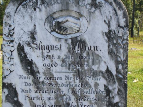 August BILLIAU,  | died 2 Jan 1926 aged 68 years;  | Elizabeth,  | wife,  | died 5 March 1936 aged 66 years;  | Pimpama Island cemetery, Gold Coast  | 