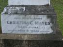 James MAYES,
husband,
accidentally killed 16 Dec 1916 aged 39 years;
Christina C. MAYES,
wife,
died 6-11-1968 aged 91 years;
Pimpama Uniting cemetery, Gold Coast