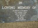 Robert STEWART,
local arrowroot pioneer,
died 10 Dec 1943 aged 80 years;
Pimpama Uniting cemetery, Gold Coast
