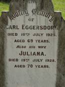 Carl EGGERSDORF,
died 10 July 1925 aged 69 years;
Juliana,
died 19 July 1928 aged 70 years;
Pimpama Uniting cemetery, Gold Coast