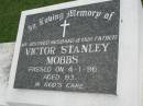 Ethel Lillian MOBBS,
wife mother,
died 21-5-94 aged 70 years;
Victor Stanley MOBBS,
husband father,
died 4-1-96 aged 83 years;
Pimpama Uniting cemetery, Gold Coast