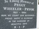 Peggy WHEELER-PRYOR,
1921 - 1994,
mum;
Pimpama Uniting cemetery, Gold Coast