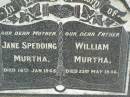 Jane SPEDDING MURTHA,
mother,
died 16 Jan 1945;
William MURTHA,
father,
died 23 May 1946;
Pimpama Uniting cemetery, Gold Coast