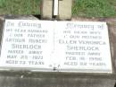 Arthur Hubert SHERLOCK, husband father,
died 25 May 1977 aged 73 years;
Ellen Veronica SHERLOCK, wife mother,
died 18 Feb 1996 aged 92 years;
Pine Mountain Catholic (St Michaels) cemetery, Ipswich