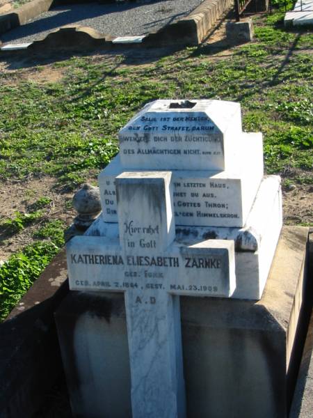 Katheriena Eliesabeth ZARNKE (nee FUNK),  | bofn 2 April 1864 died 23 May 1909;  | Plainland Lutheran Cemetery, Laidley Shire  | 