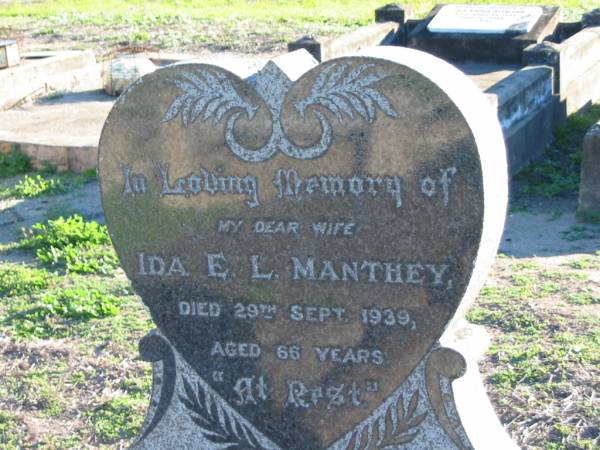 Ida E L MANTHEY  | 29 Sep 1939, aged 66  | Plainland Lutheran Cemetery, Laidley Shire  | 