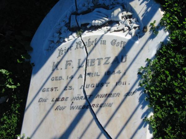 K.F. LIETZAU,  | born 14 Apr 1844 died 23 August 1911;  | Plainland Lutheran Cemetery, Laidley Shire  | 