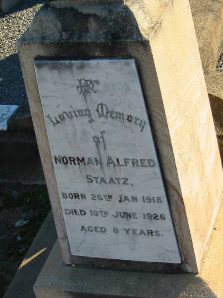 Norman Alfred STAATZ,  | born 26 Jan 1918  | died 10 June 1026 aged 8 years;  | Plainland Lutheran Cemetery, Laidley Shire  | 
