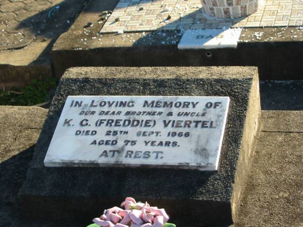 K.G. (Freddie) VIERTEL, brother uncle,  | died 25 Sept 1966 aged 75 years;  | Plainland Lutheran Cemetery, Laidley Shire  | 