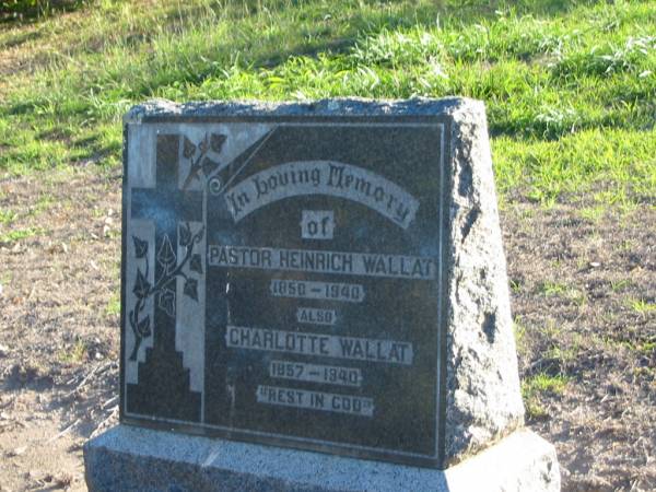 Pastor Heinrich WALLAT  | 1850 - 1940  | Charlotte WALLAT  | 1857 - 1940  | Plainland Lutheran Cemetery, Laidley Shire  | 