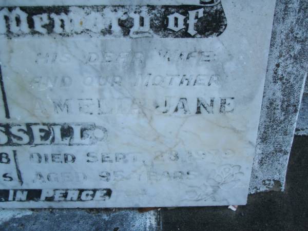 Arthur RUSSELL,  | husband father,  | died 2 April 1968 aged 87 years;  | Amelia Jane RUSSELL,  | wife mother,  | died 28 Sept 1979 aged 95 years;  | Polson Cemetery, Hervey Bay  | 