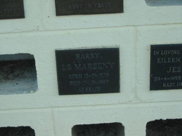 Harry LE MARSENY,  | born 13-5-1929,  | died 17-10-1993;  | Polson Cemetery, Hervey Bay  | 