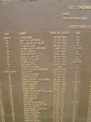 Port Macquarie historical society - list of deaths
Historic cemetery:
John EGAN 20 Feb 1828 aged 21
Martha CARPENTER 23 Feb 1929 aged 60
William WALSHWELSH 27 Apr 1828 aged 34
Thomas CLARK 30 Apr 1828 aged 50
Thomas White MEYRICK 2 May 1828 aged 12 days
David JOSEPH 1 Jul 1828 aged 31
John MAHONEY 2 Jul 1828 aged 36
John CALLAGHEY 26 Sep 1828 ?
Robert WILLIAMS 30 Sep 1828 aged 55
Thomas LOVETT 19 Oct 1828 aged 2 months
William STEEL 9 Nov 1828 ?
Thomas CHRAWN 1828 ?
John Wilkinson BOSTOCK 4 Dec 1828 ?
John BOXO 25 Apr 1829 aged 50
William CONNOR 18 Dec 1829 aged 56
Patrick BAYLEY 11 Jan 1830 aged 31
Daniel MURPHY alias (James) 23 Jan 1830 aged 41
Bridget CHEESE 26 Mar 1830 aged 6 days
David MORGAN 20 May 1830 aged 27
Paul HIGGINS 26 Jun 1830 aged 33
Philip PERRY 26 Sep 1830 aged 50
James WHATMORE (the younger) 6 Oct 1830 aged 48
Hannah BOURKE 18 Dec 1830 aged 40
James COOPER 30 Jan 1831 aged 31
John BRAMLEY 22 Feb 1831 aged 31
John BEST 23 Feb 1831 aged 54
Georgiana McDONALD 23 Feb 1831 aged 9 days
George or John BOLTON 1 Mar 1831 aged 40
William COBURN 2 Apr 1831 aged 34
John BOLEN or BOWLING 2 Apr 1831 aged 34
Henry CORNISH 2 Apr 1831 aged 37
Sarah PARTRIDGE 29 Apr 1831 aged 30
Henry LEONARD 27 May 1831 aged 84
Edward SIMPSON 28 Jun 1831 ?
Thomas BACON 2 Jul 1831 aged 80
Ambrose MORGAN 9 Aug 1831 aged 41
Port Macquarie historic cemetery, NSW