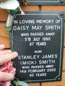 Daisy May SMITH,
died 5 July 1990 aged 87 years;
Stanley James (Mick) SMITH,
died 14 Feb 2003 aged 93 years;
Rosewood Uniting Church Columbarium wall, Ipswich