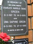 parents;
Charles Harold (Ben) GREEN,
9-3-1917 - 14-3-1978;
Una Daphne GREEN,
6-5-1913 - 27-11-1990;
Rosewood Uniting Church Columbarium wall, Ipswich
