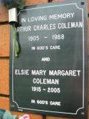Arthur Charles COLEMAN,
1905 - 1988;
Elsie Mary Margaret COLEMAN,
1915 - 2005;
Rosewood Uniting Church Columbarium wall, Ipswich