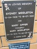 Sydney MIDDLETON,
12-04-1908 - 16-07-1980;
Mary OFFER (formerly Mary MIDDLETON),
04-10-1914 - 22-05-2005;
Rosewood Uniting Church Columbarium wall, Ipswich