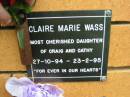 Claire Marie WASS,
daughter of Craig & Cathy,
27-10-94 - 23-2-95;
Rosewood Uniting Church Columbarium wall, Ipswich