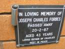 Joseph Charles FORBES,
died 20-2-87 aged 43 years,
father of Charles;
Rosewood Uniting Church Columbarium wall, Ipswich