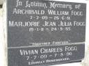 Archibald William FOGG,
7-7-09 - 26-6-81;
Marjorie Jean Julia FOGG,
19-1-11 - 24-9-85;
Vivian Charles FOGG,
7-7-09 - 7-8-90;
Samsonvale Cemetery, Pine Rivers Shire