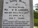 Marion SALISBURY,
died 27 April 1920 aged 73 years;
Samsonvale Cemetery, Pine Rivers Shire