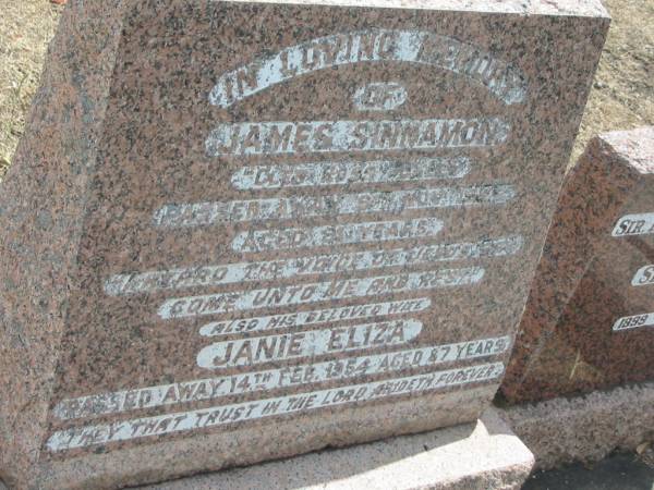 James SINNAMON  | 8 Nov 1942  | aged 84  | and wife  | Janie Eliza  | 14 Feb 1954 aged 87  |   | Sherwood (Anglican) Cemetery, Brisbane  |   | 