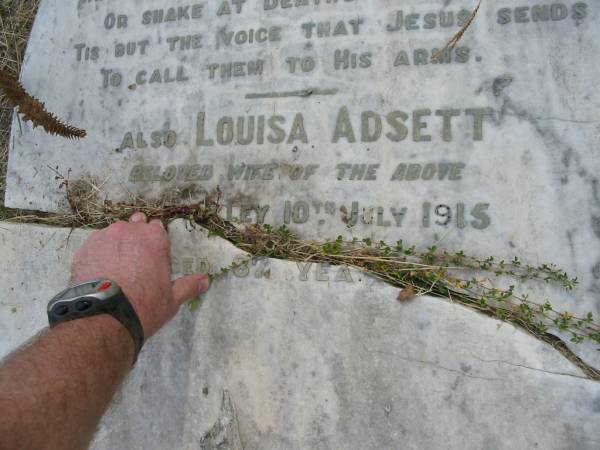 John ADSETT  | 9 Aug 1900  | aged 77  |   | Louisa ADSETT  | 10 Jul 1915  | aged 87  |   | Sherwood (Anglican) Cemetery, Brisbane  |   | 