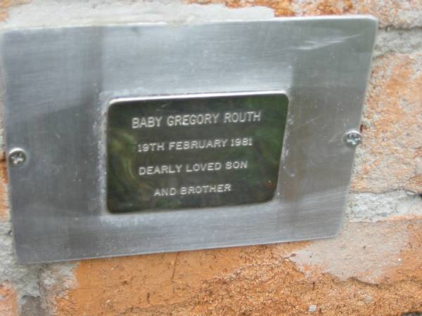 baby Gregory ROUTH,  | died 19 Feb 1981,  | son brother;  | Slacks Creek St Mark's Anglican cemetery, Daisy Hill, Logan City  | 