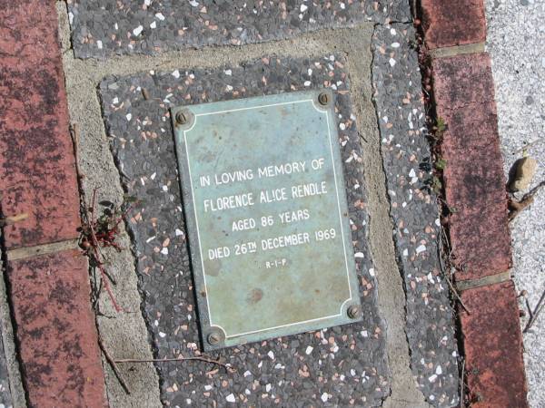 Florence Alice RENDLE  | 86 yrs  | 26-Dec-1969  |   | St Margarets Anglican memorial garden, Sandgate, Brisbane  |   | 