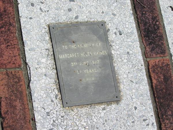 Margaret Helen HAINES  | 3 Jun 1977  | 57 yrs  |   | St Margarets Anglican memorial garden, Sandgate, Brisbane  |   | 