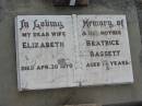 Elizabeth Beatrice BASSETT
30 Apr 1970, aged 78
Stone Quarry Cemetery, Jeebropilly, Ipswich