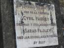 Cyril PAIDLEY
7 May 1960, aged 69
Sarah PAIDLEY
29 Jan 1962, aged 71
Stone Quarry Cemetery, Jeebropilly, Ipswich