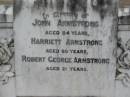John ARMSTRONG
aged 84
Harriett ARMSTRONG
aged 80
Robert George ARMSTRONG
aged 21
Stone Quarry Cemetery, Jeebropilly, Ipswich