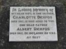 Charlotte DICKFOS
13 Dec 1958, aged 75
Albert DICKFOS
26 Dec 1967, aged 89
Stone Quarry Cemetery, Jeebropilly, Ipswich